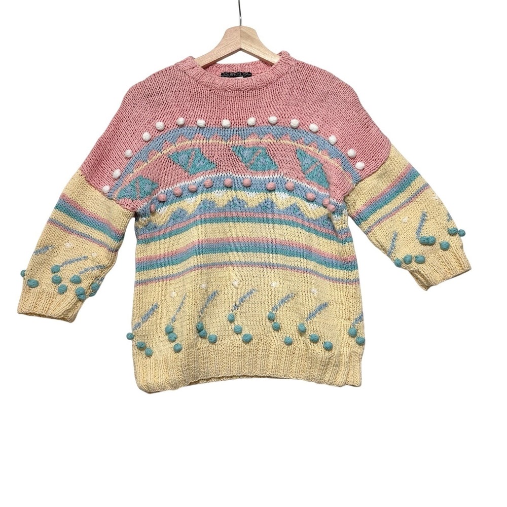 Vintage Hand Knit Sweater Pastel Kawaii Granny Women's M (fits S) Retro Cotton